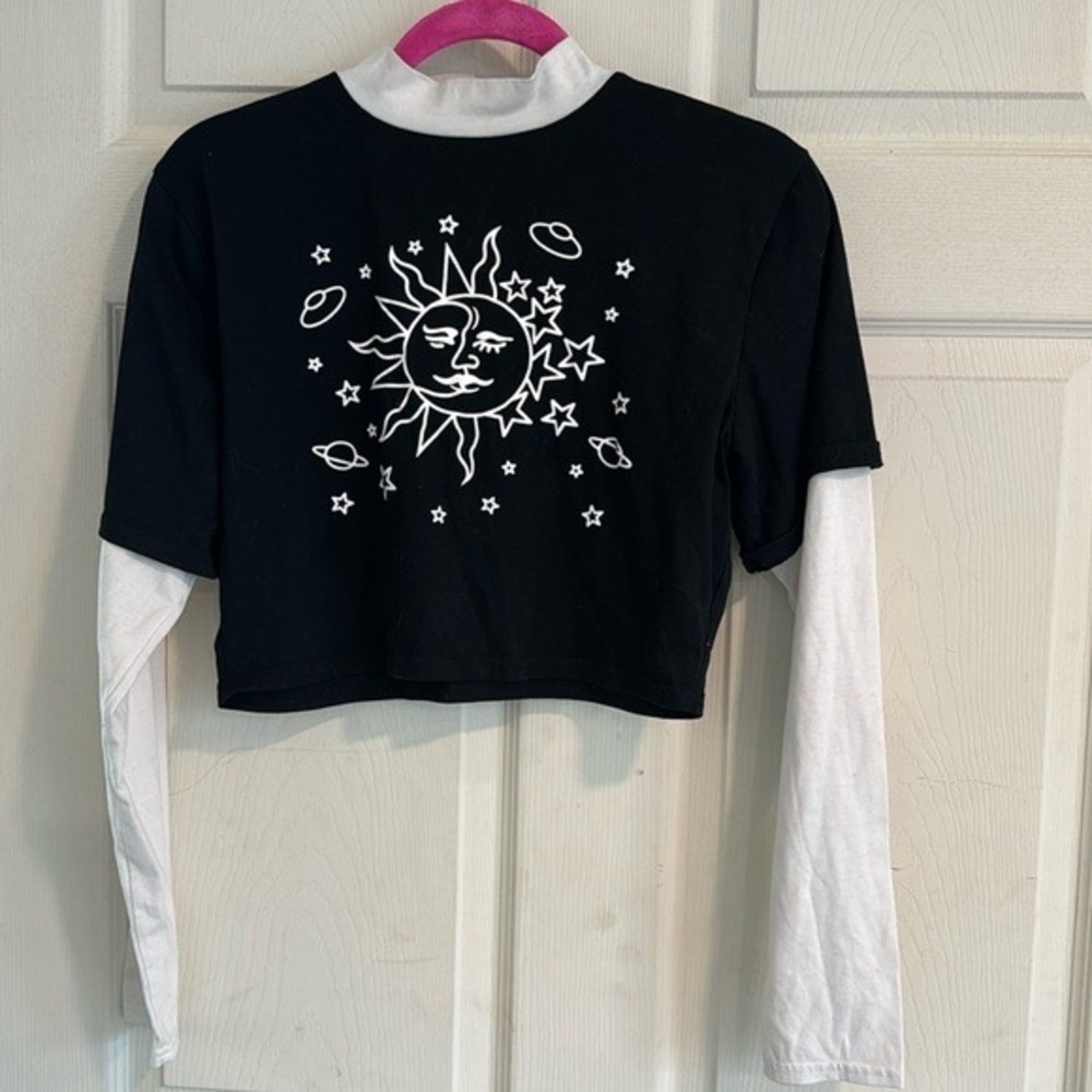 Romwe Womens Celestial Sun Star UFO Layered Crop Top Black White Small
